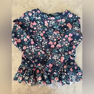 Ruffle Butts Moonlit Meadow Navy and Pink Floral Scalloped Hem Rashguard 3T